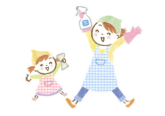 掃除する気満々でジャンプするお母さんと娘の手描きイラスト