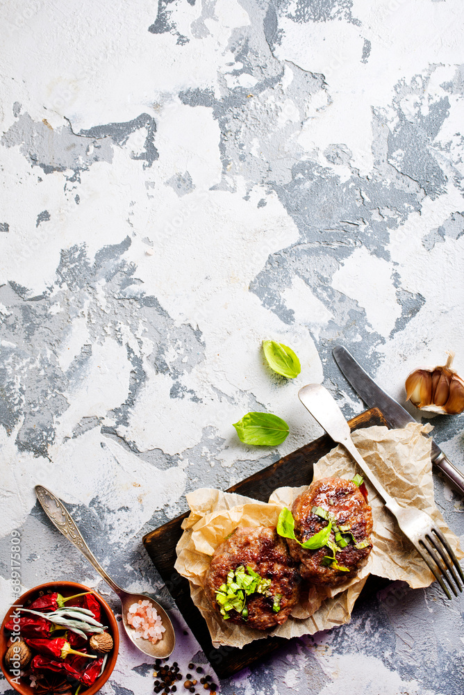 Sticker Pork cutlets from minced meat. Pan-fried meatballs. Healthy dinner for the family.