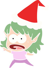 hand drawn flat color illustration of a shocked elf girl wearing santa hat