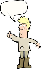 cartoon positive thinking man in rags with speech bubble