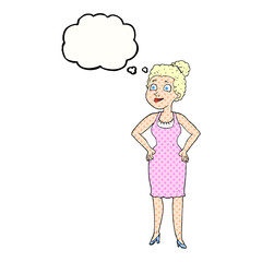 freehand drawn thought bubble cartoon woman wearing dress