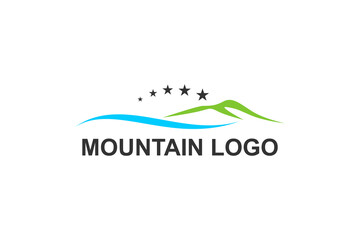 Minimalist mountain hill logo with stars element, nature outdoor icon symbol.