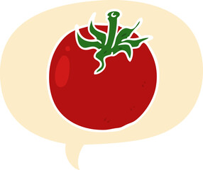 cartoon fresh tomato with speech bubble in retro style