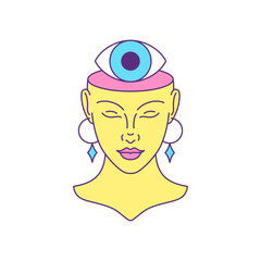 Y2k psychedelic spiritual woman with eye brain comic cartoon character groovy icon vector flat