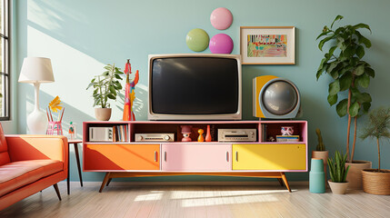 Timeless Elegance: Vintage Pastel-Colored Living Room with TV