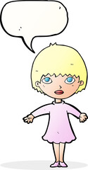 cartoon woman in dress with speech bubble