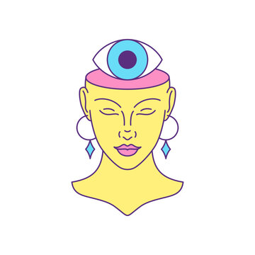 Y2k psychedelic spiritual woman with eye brain comic cartoon character groovy icon vector flat