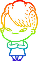 rainbow gradient line drawing of a cute cartoon girl with hipster haircut