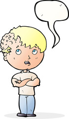 cartoon boy with growth on head with speech bubble