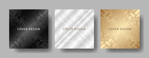 Premium set elegant cover design for invitation, cover design, flayers, menu, notebook, cards. Luxury design templates with black, gold and silver geometric pattern.