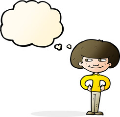 cartoon boy with hands on hips with thought bubble
