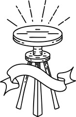 scroll banner with black line work tattoo style wooden stool