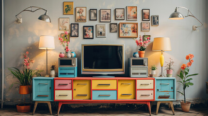 Vintage tv shelf in vibrant colors with tv and retro details on the wall