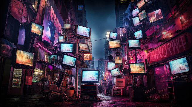 Cyberpunk Nightlife: Many TVs with Glowing Screens in the Urban City