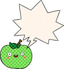 cartoon apple with speech bubble in comic book style