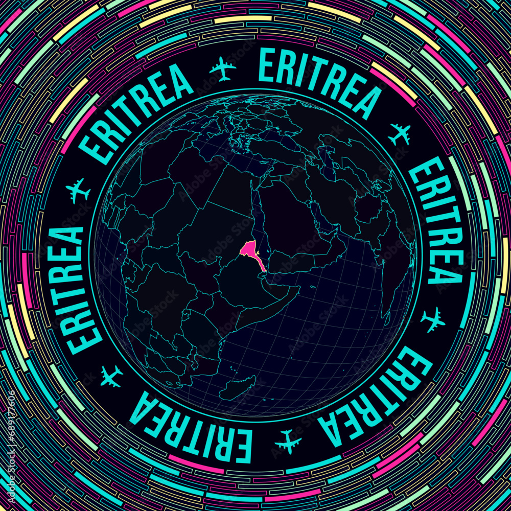 Poster eritrea on globe. satellite view of the world centered on eritrea. bright neon style. futuristic rad