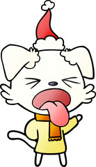 hand drawn gradient cartoon of a dog wearing scarf and pullover wearing santa hat