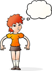 cartoon curious woman with thought bubble