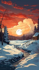 Sunset in the mountains. AI generated art illustration. 