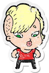 distressed sticker of a cartoon surprised girl