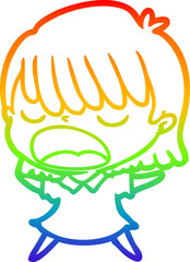 rainbow gradient line drawing of a cartoon woman talking loudly