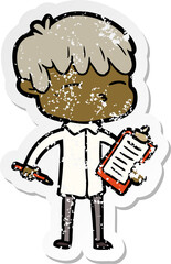 distressed sticker of a cartoon curious boy