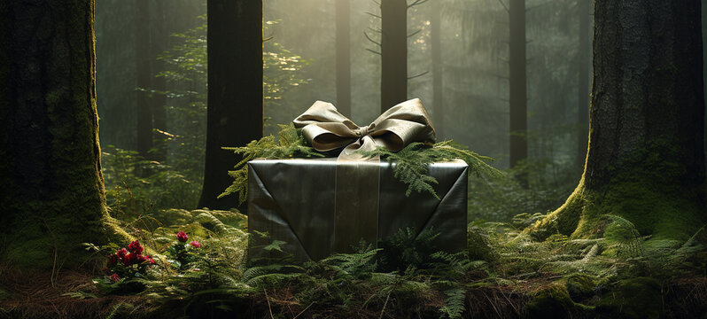 Enchanted Surprise: A Gift Box Amidst the Misty Woodland
