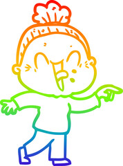 rainbow gradient line drawing of a cartoon happy old woman