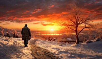 a man walking on dirt road covered with snow in winter time during sunset, Generative Ai