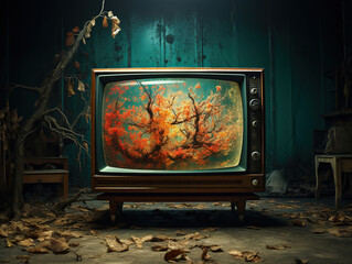Nature Reclaims the Past: Abandoned Vintage TV Overgrown with Plants - obrazy, fototapety, plakaty