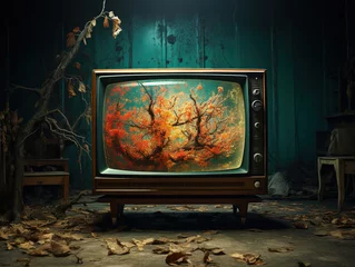 Foto op Canvas Nature Reclaims the Past: Abandoned Vintage TV Overgrown with Plants © Milica