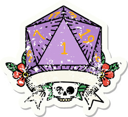 grunge sticker of a natural one d20 dice roll