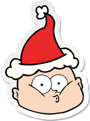 hand drawn sticker cartoon of a curious bald man wearing santa hat