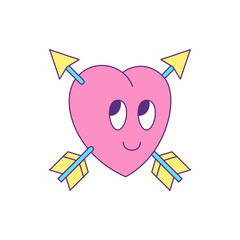 Y2k pink cute heart with crossed arrows comic cartoon character groovy style icon vector flat