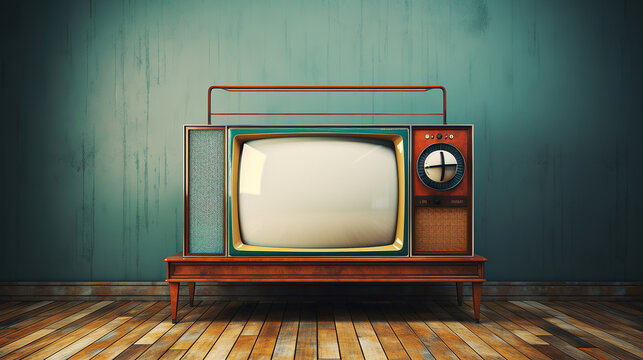 Retro Entertainment: Antique TV Set on Vintage Wooden Shelf