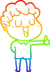 rainbow gradient line drawing of a laughing cartoon man giving thumbs up sign