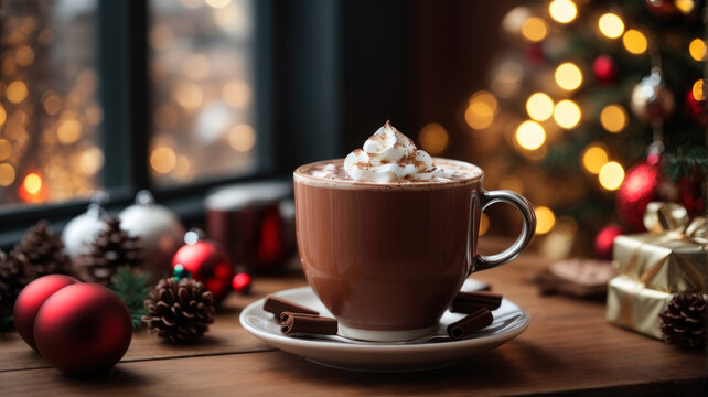 cup of hot chocolate on table with christmas decorations