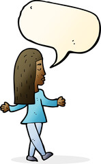 cartoon woman shrugging shoulders with speech bubble