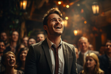 Fototapeta premium Stand up comedian on stage. Young man talks joke into microphone or sings songs.