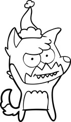 hand drawn line drawing of a grinning fox wearing santa hat
