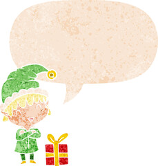 cartoon happy christmas elf with speech bubble in grunge distressed retro textured style