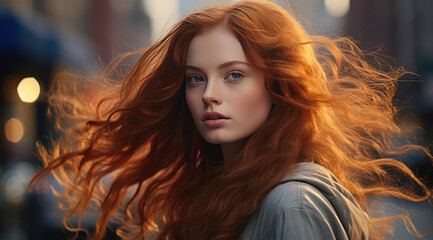 a girl with red curly hair in new york city at sunset