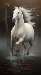 horse running through water, dynamic, movement, beautiful oil painting created with Generative Ai