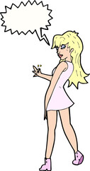 cartoon woman posing in dress with speech bubble