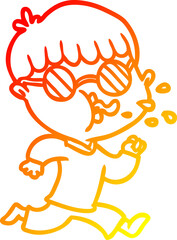 warm gradient line drawing of a cartoon boy wearing spectacles and running
