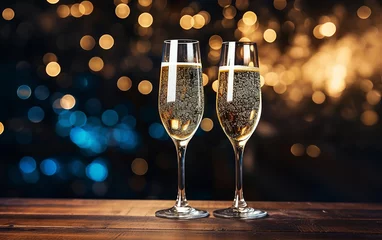 Foto op Plexiglas  taças de vinho, fundo desfocado com fogos de artifício de ano novo © Alexandre