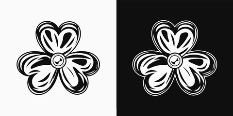 Black and white illustration of clover, shamrock. St Patrick's Day decoration. Vintage style