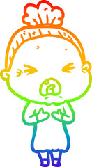 rainbow gradient line drawing of a cartoon angry old woman