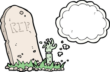 cartoon zombie rising from grave with thought bubble