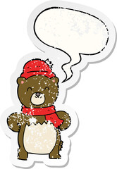 cute cartoon bear with speech bubble distressed distressed old sticker